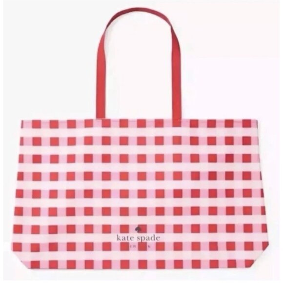 New Kate Spade Tote Checkered Pink Red 25" x 15" XLarge Shopping Tote - Picture 1 of 4